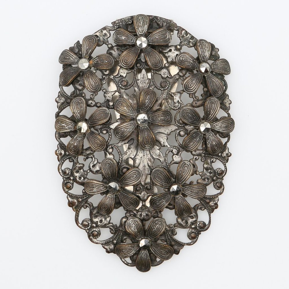 Vintage Filigree Openwork and Brass‎ Flowers With Marcasites Dress Clip 1930s